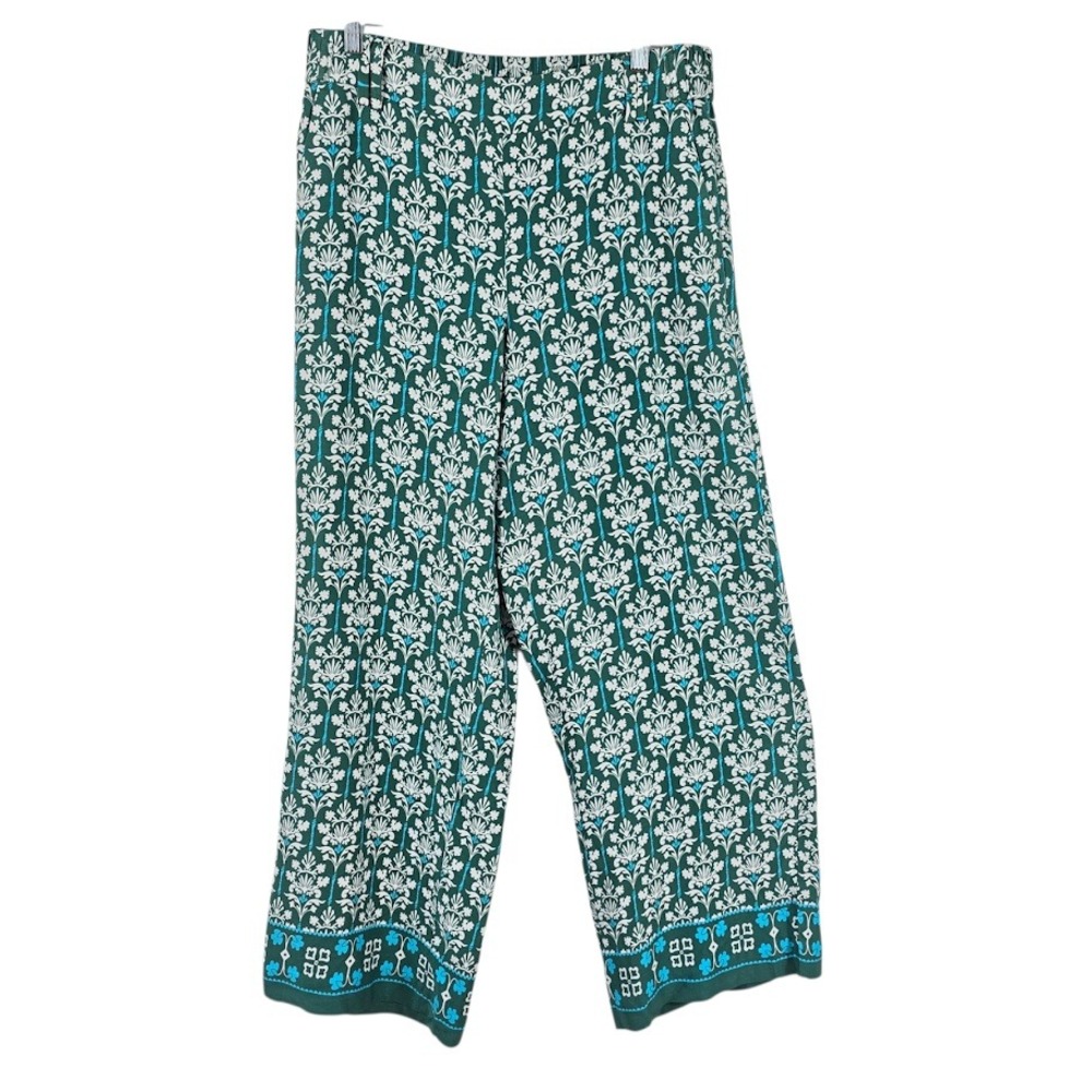 Talbots Wide Leg Pants Womens Size M Green Floral Damask Casual Boho